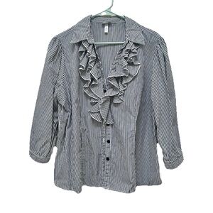 VTG Y2K Harve Benard Womens 1X Black White Striped‎ Ruffle Front Button Up Shirt